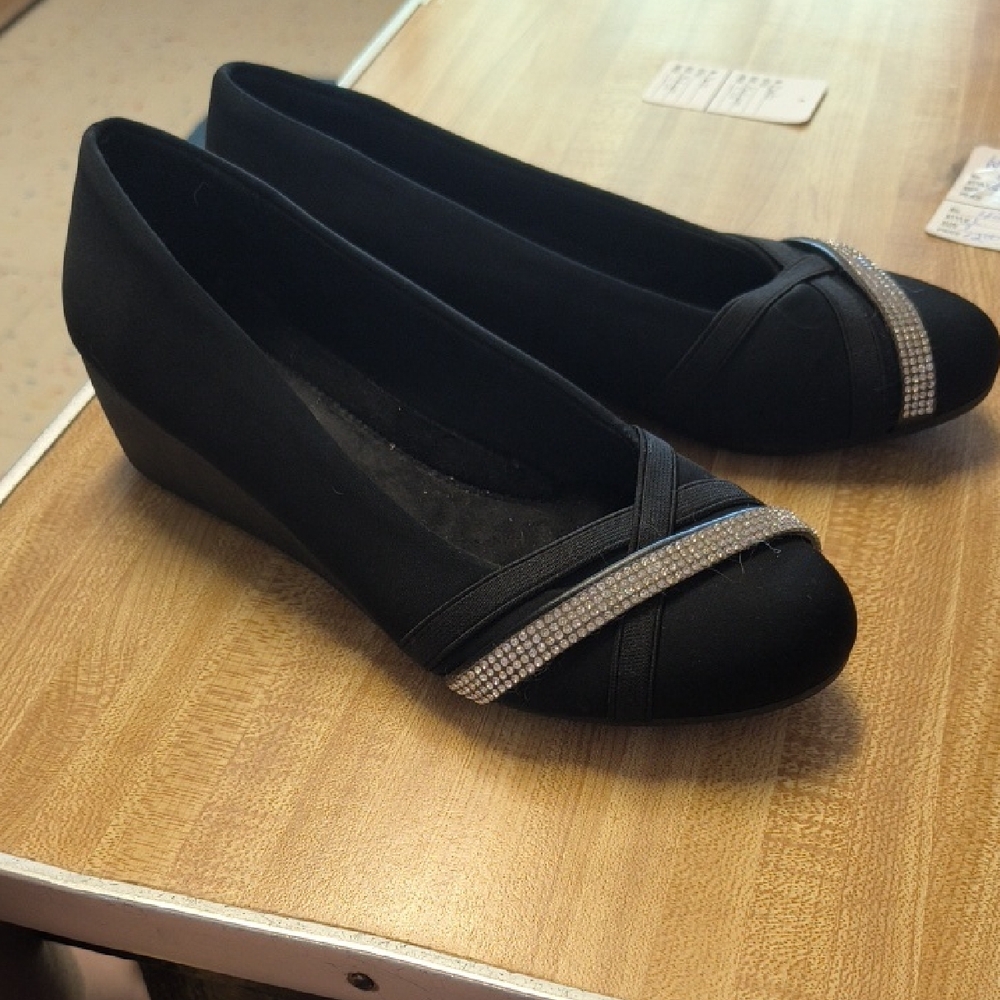 Black Wedge Heels with Crystal-Trim Cross Straps